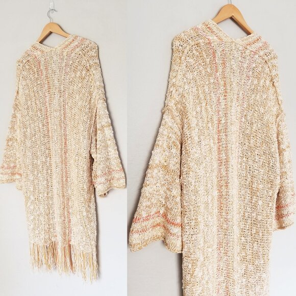 Free People Lucia Cardigan M/L Fringe Open Front Longline Saffron Combo $148 - Picture 7 of 16